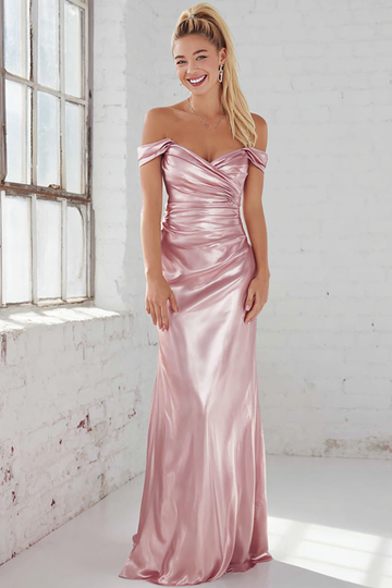 Pink Satin Sheath Ruched Off The Shoulder Long Bridesmaid Dress
